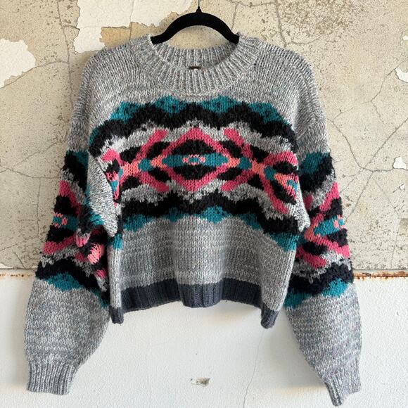 Free People Sweater Alpaca Wool Blend Fuzzy Cropped Pullover Women S I Heart You - Picture 2 of 10